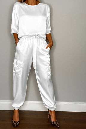 Conjunto Feminino Calça e Blusa em Seda Turquesa