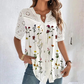 Blusa Social Feminina com Bordado Vazado e Estampa Floral
