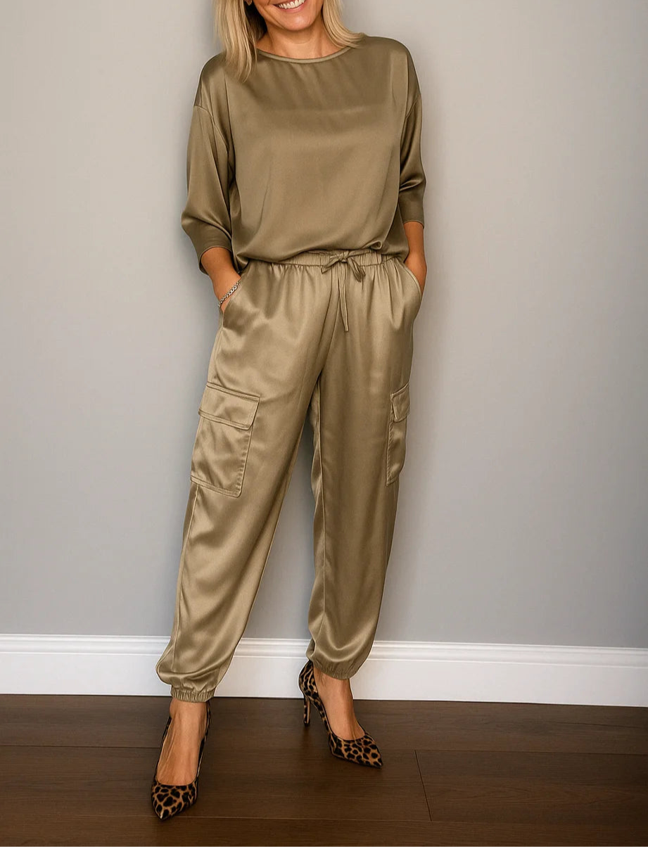 Conjunto Feminino Calça e Blusa em Seda Turquesa