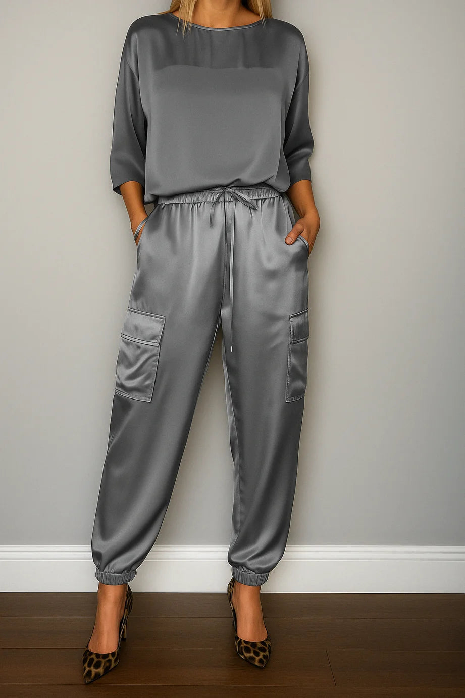 Conjunto Feminino Calça e Blusa em Seda Turquesa