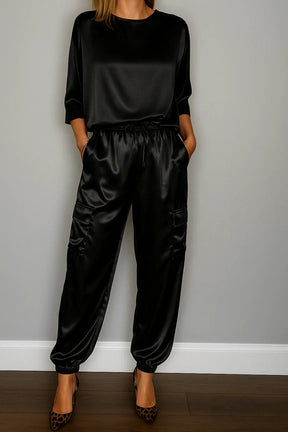 Conjunto Feminino Calça e Blusa em Seda Turquesa