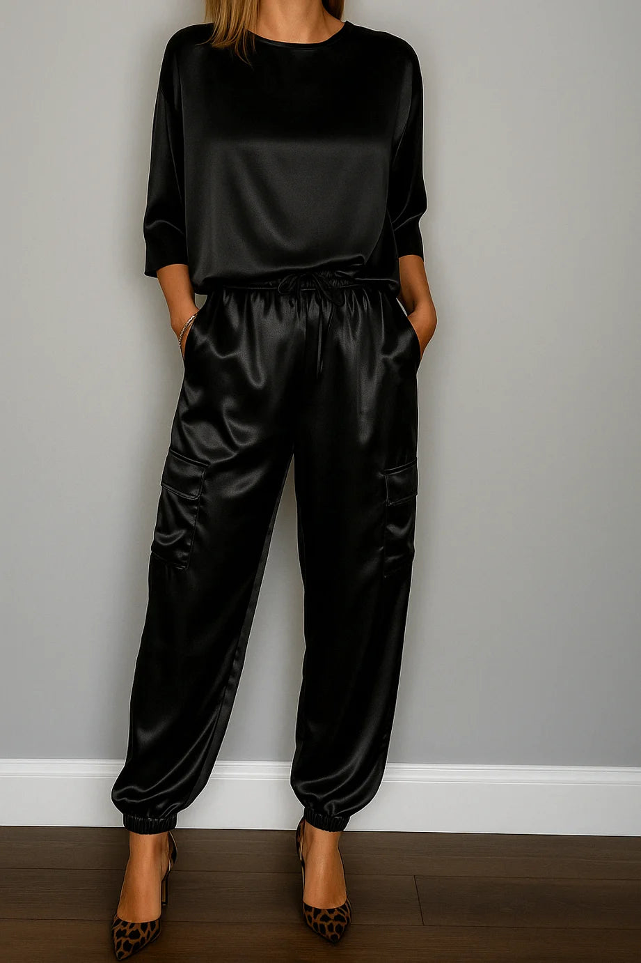 Conjunto Feminino Calça e Blusa em Seda Turquesa