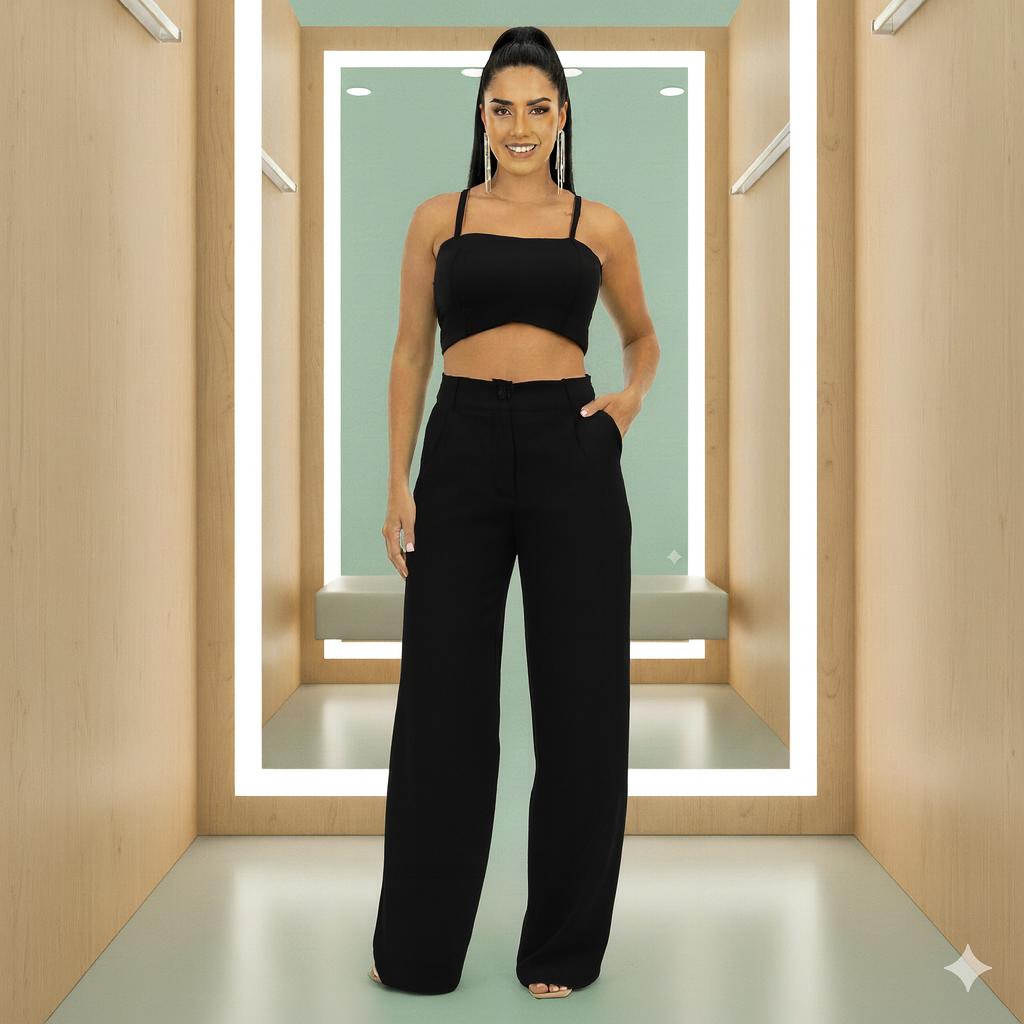 Conjunto Alfaiataria Luxe – Cropped Decote Coração & Calça de Caimento Perfeito