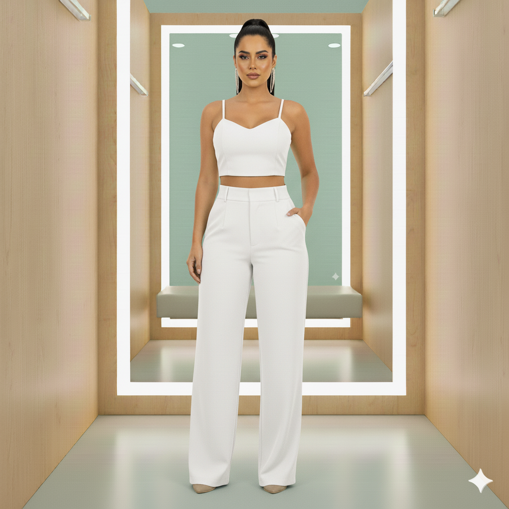 Conjunto Alfaiataria Luxe – Cropped Decote Coração & Calça de Caimento Perfeito