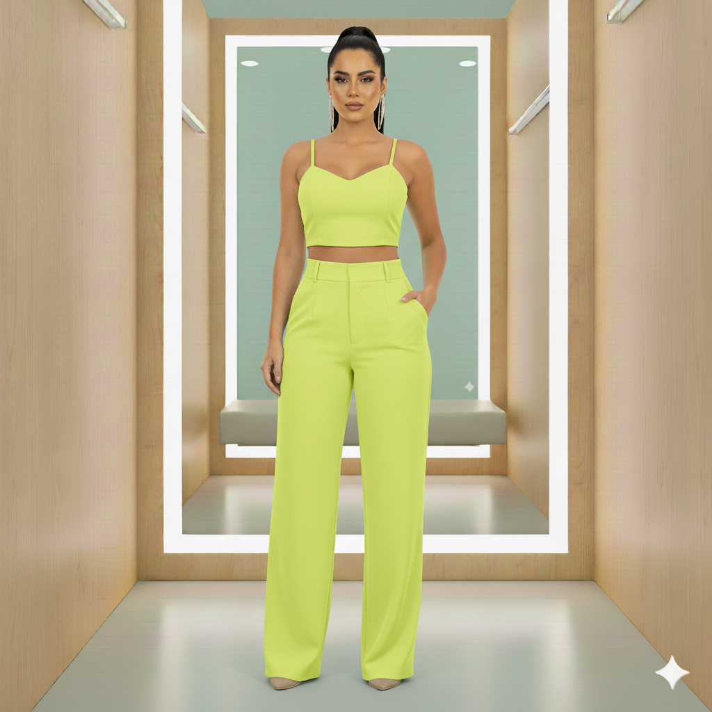 Conjunto Alfaiataria Luxe – Cropped Decote Coração & Calça de Caimento Perfeito