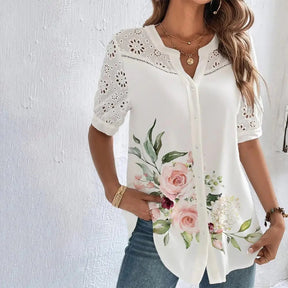 Blusa Social Feminina com Bordado Vazado e Estampa Floral