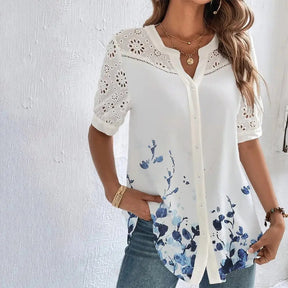 Blusa Social Feminina com Bordado Vazado e Estampa Floral
